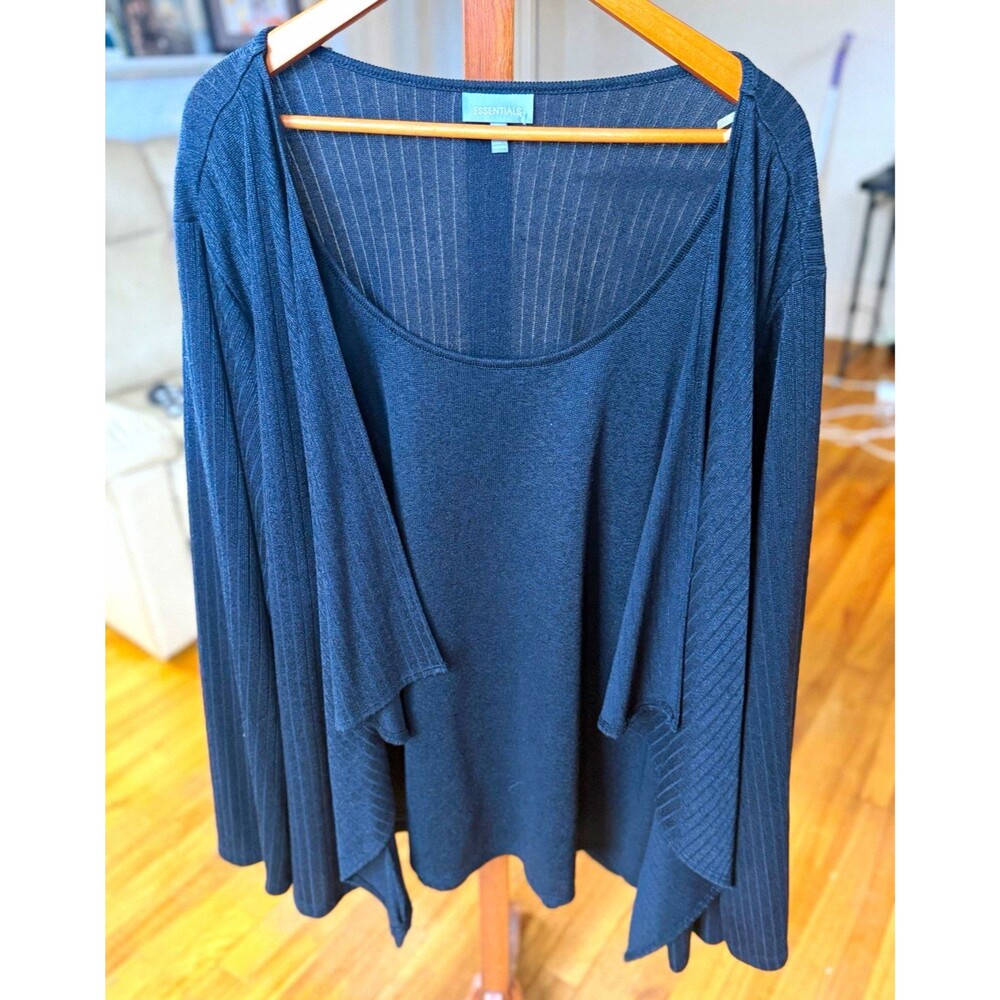 ESSENTIALS Women’s Plus 30/32W Black Solid Knit Cardigan Scoop Neck Open